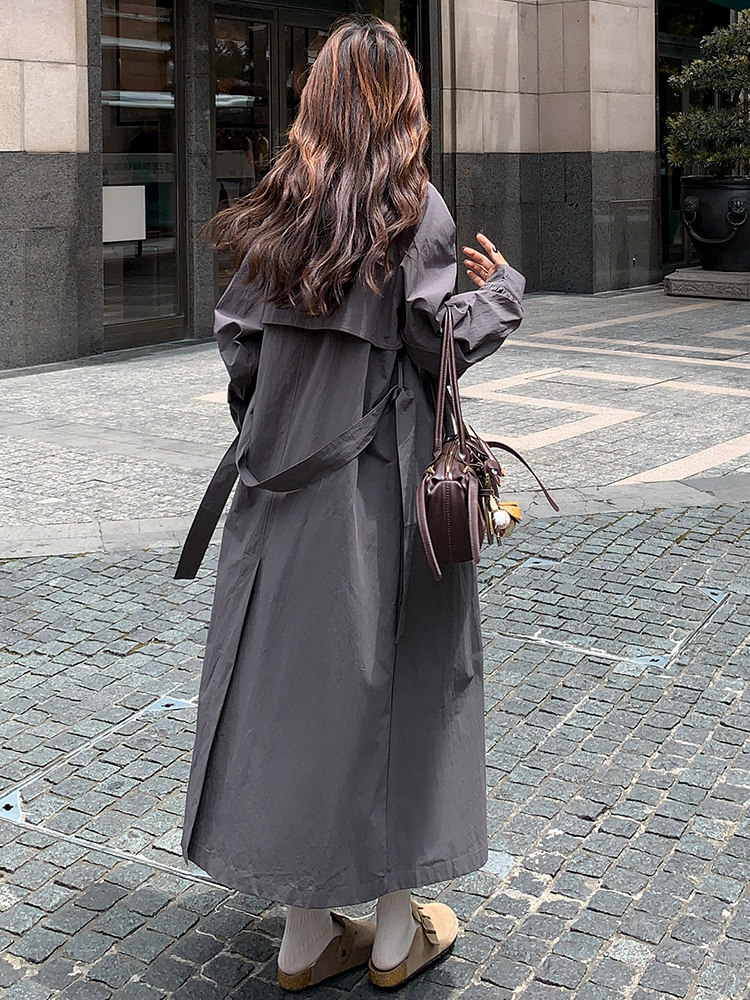 复古氛围立领压褶腰带风衣外套女2025春秋季新款显瘦气质长款外套,女装风衣,纯色衣恋