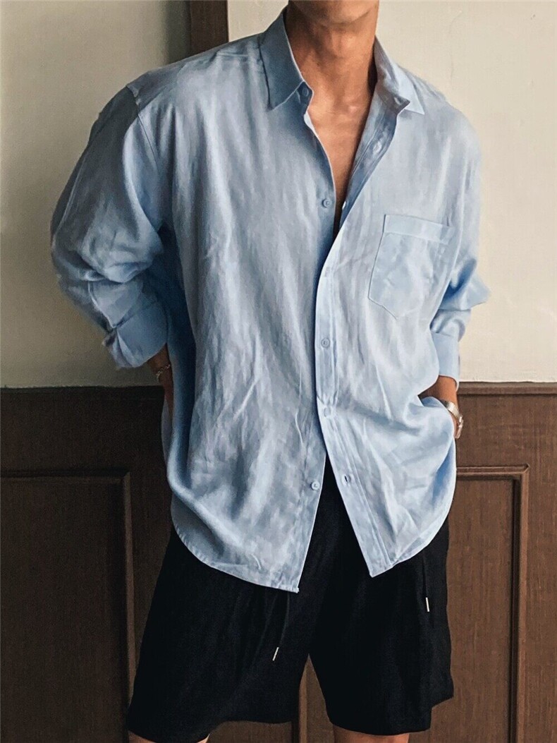 老钱风ins透气棉麻衬衫男薄款长袖休闲宽松高级感麻衬衣932P45,男装衬衫,星座710