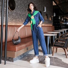 配披肩牛仔连体女2022年春季新款韩版时尚工装宽松收腰休闲连衣裤，女装连体裤，辉之琳