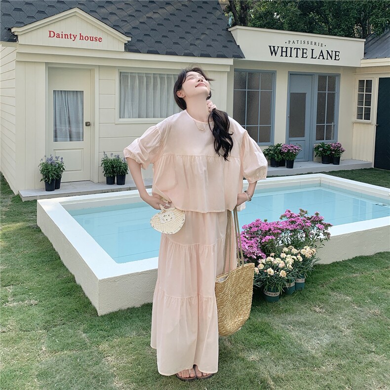 法式小资泡泡袖粉色连衣裙配上衣套装女夏超火好看绝美长裙两件套，女装套装/套裙，浙宝A馆126