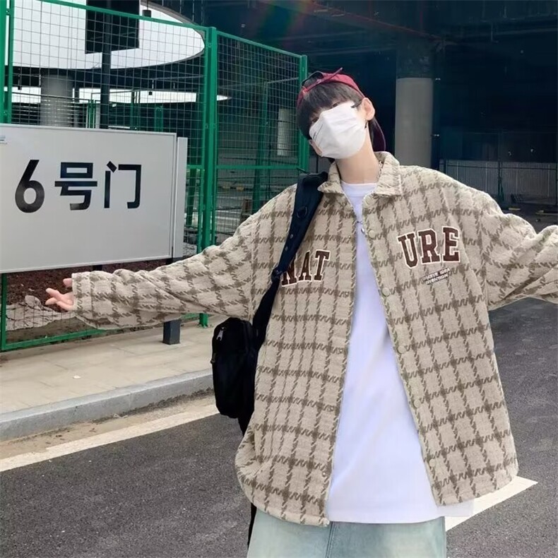 秋冬新款休闲外套男潮牌百搭格子夹克男穿搭宽松上衣服W6121-P50,男装夹克,星座412-3