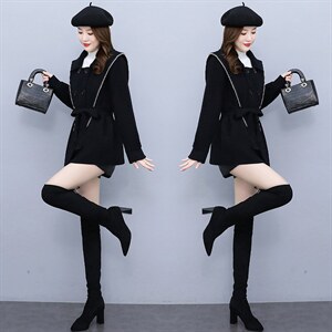 双面绒外套女短款韩版新款2021年秋冬修身黑色显瘦外套图片