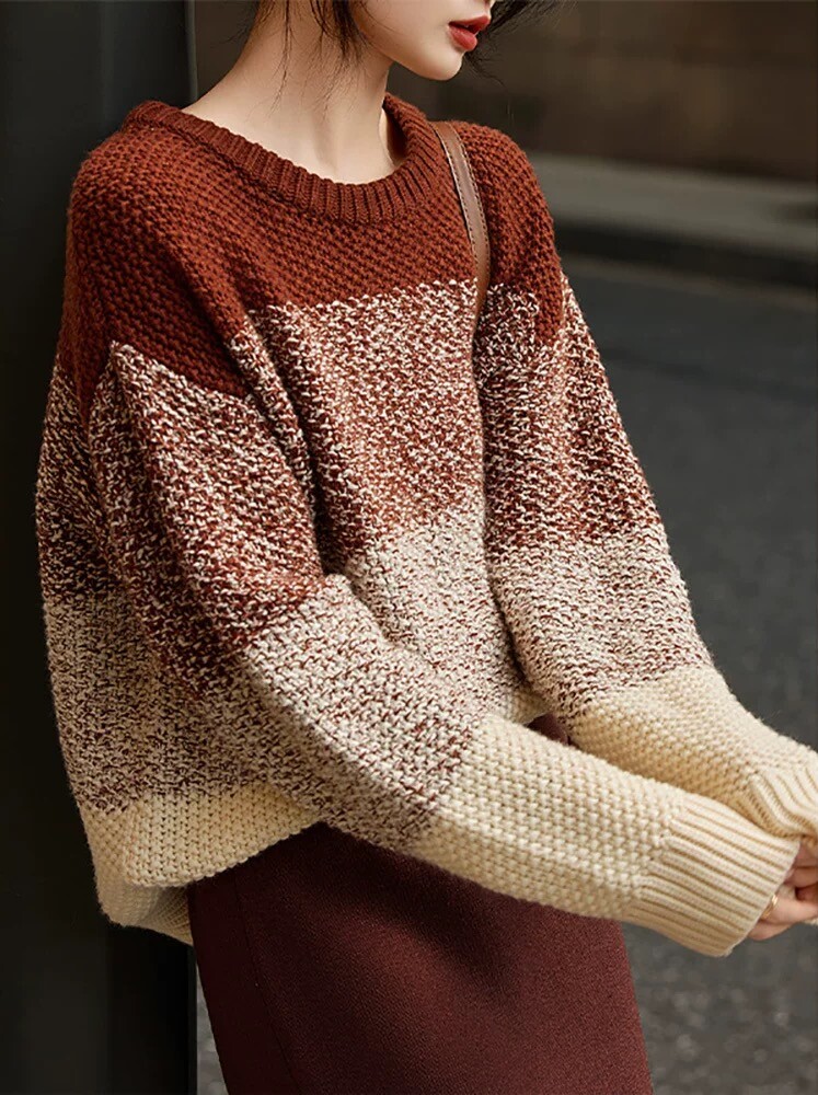 2025年秋季套头长袖圆领花纱拼色,女装羊毛衫,梵泰羊绒