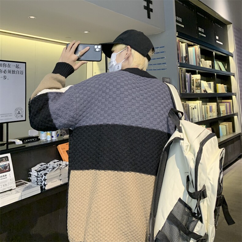 秋冬撞色拼接宽松毛衣外套男ins外穿针织衫潮牌线衣MY0224-P45,男装针织衫/毛衣,星座308B-1