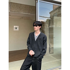 网图有货假两件拼接V领针织衫男慵懒风宽松长袖外套A1065-P55，男装针织衫/毛衣，星座1505