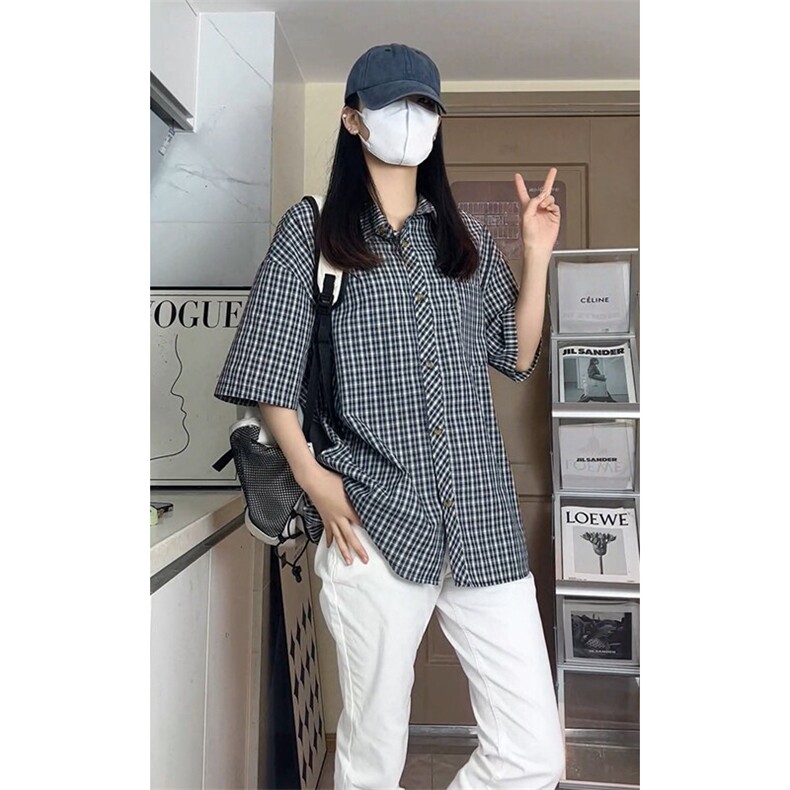 复古格子短袖衬衫男宽松高级感学院风情侣衬衣DC2228-特价P29,男装T恤,电商A007