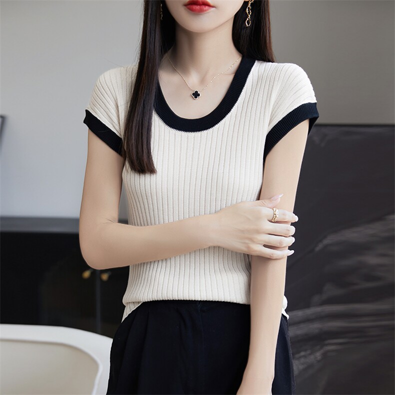 冰丝针织短袖t恤女2024新款爆款夏季薄款修身莱赛尔天丝小衫上衣,针织衫/毛衣,朝思羊绒