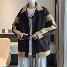 425-P52拼接撞色毛呢外套男oversize港风宽松百搭休闲韩版，女装短外套，电商B323A