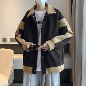425-P52 拼接撞色毛呢外套男oversize港风宽松百搭休闲韩版图片