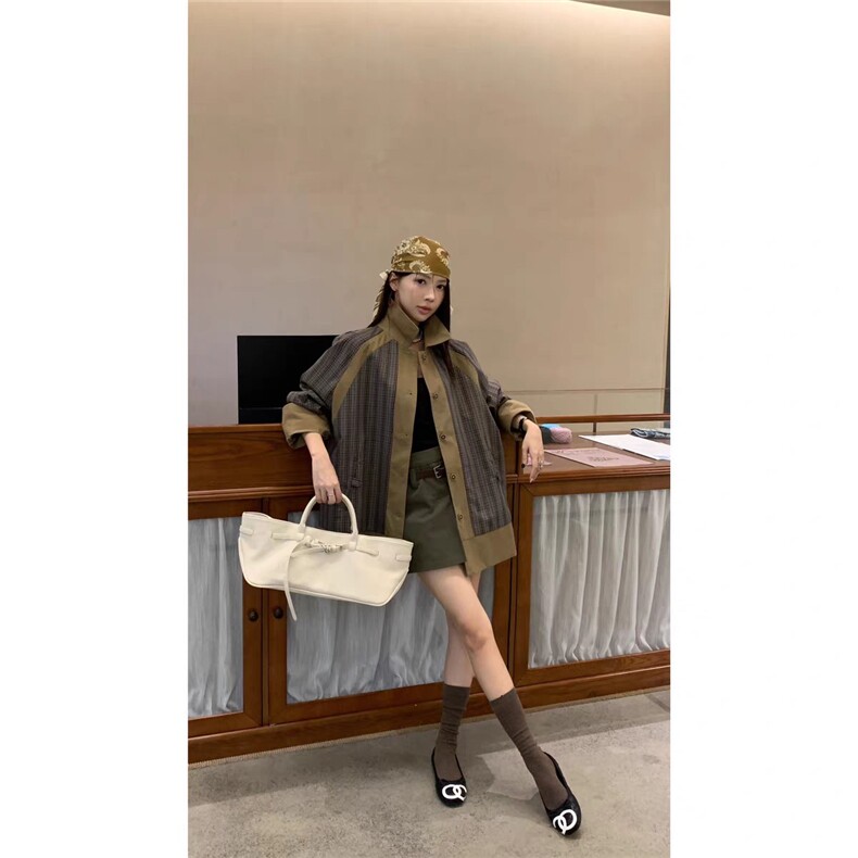 新格纹拼接短款风衣2025新款舒适百搭,女装风衣,湘姗