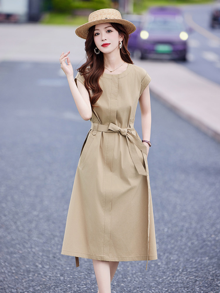 卡其色工装风纯棉衬衫连衣裙女2025夏季新款通勤气质绑带收腰裙子,女装连衣裙,靓衣阁