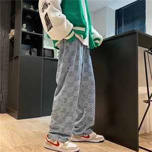 棋盘格牛仔裤男阔腿拖地裤美式oversize裤子高街ins潮秋N8095-P45图片