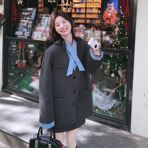 套装气质衬衫领拼接西装半身裙两件套女秋冬图片