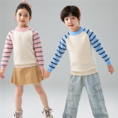 新款秋冬儿童羊毛撞色条纹男女童宝宝打底衫毛衣羊绒套头针织上衣，童装儿童羊毛衫，初丹羊绒童装