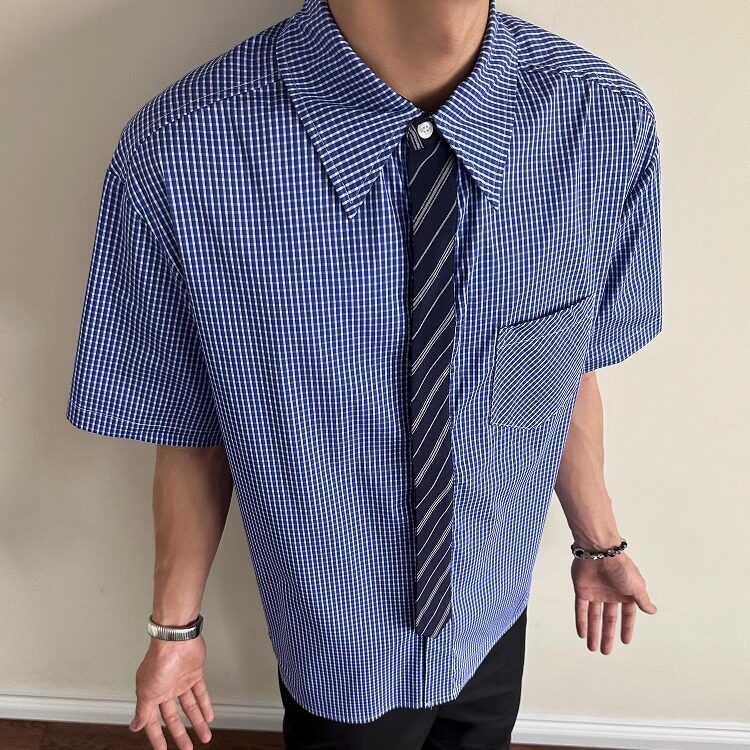 黄金搭配领带老钱风短袖衬衫男女夏季休闲宽松千鸟格衬衣CS2270,男装T恤,星座208-5