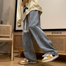 港风春夏宽松百搭墨点印花休闲牛仔裤直筒裤男女NZ601P65控88，男装牛仔裤，电商A268