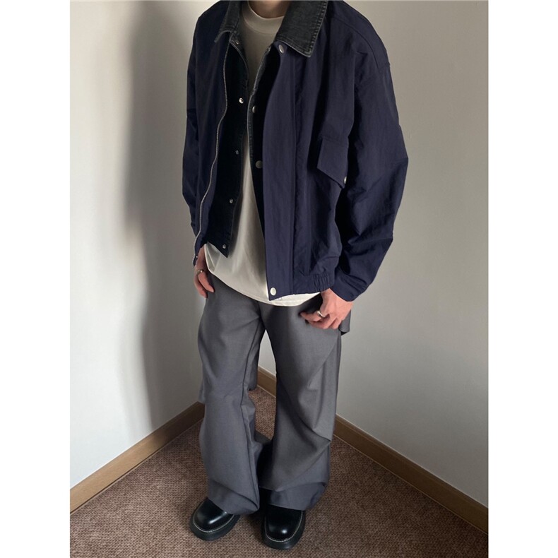 秋季新款美式纯色巴恩风假俩件翻领宽松休闲藏青夹克外套男AJK241，男装夹克，星座208-5