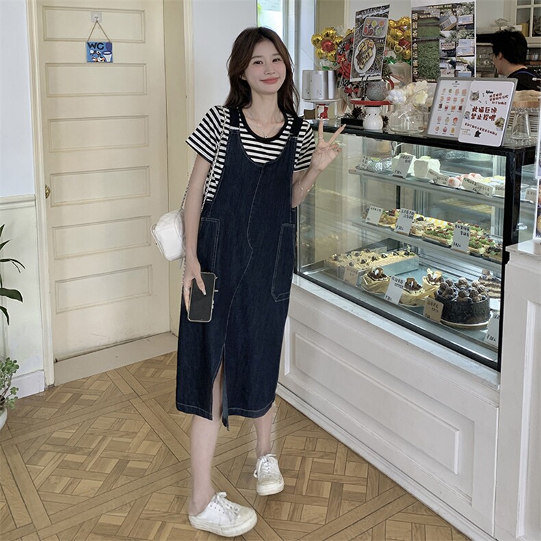 减龄条纹T恤宽松牛仔背带裙套装女2025夏季新款设计感小众两件套,女装套装/套裙,2C269
