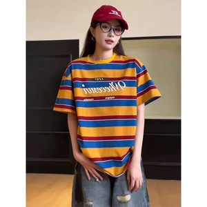 网图有货 美式复古彩虹条纹短袖T恤男女宽松慵懒休闲上衣A653-P40图片