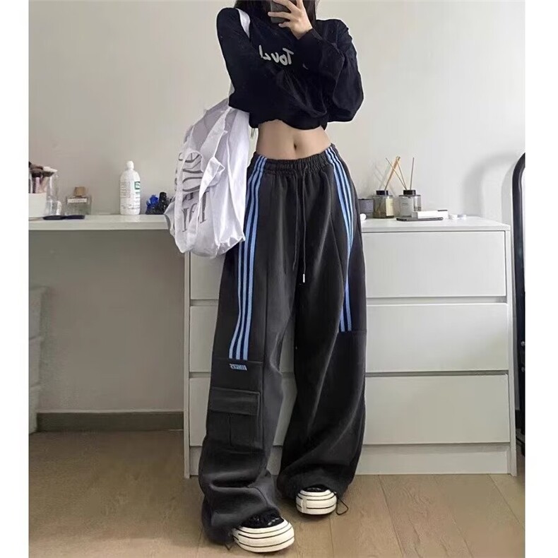 美式三条杠撞色条纹工装裤秋季新款高腰显瘦宽松直筒阔腿运动裤,男装工装外套,星座410-7