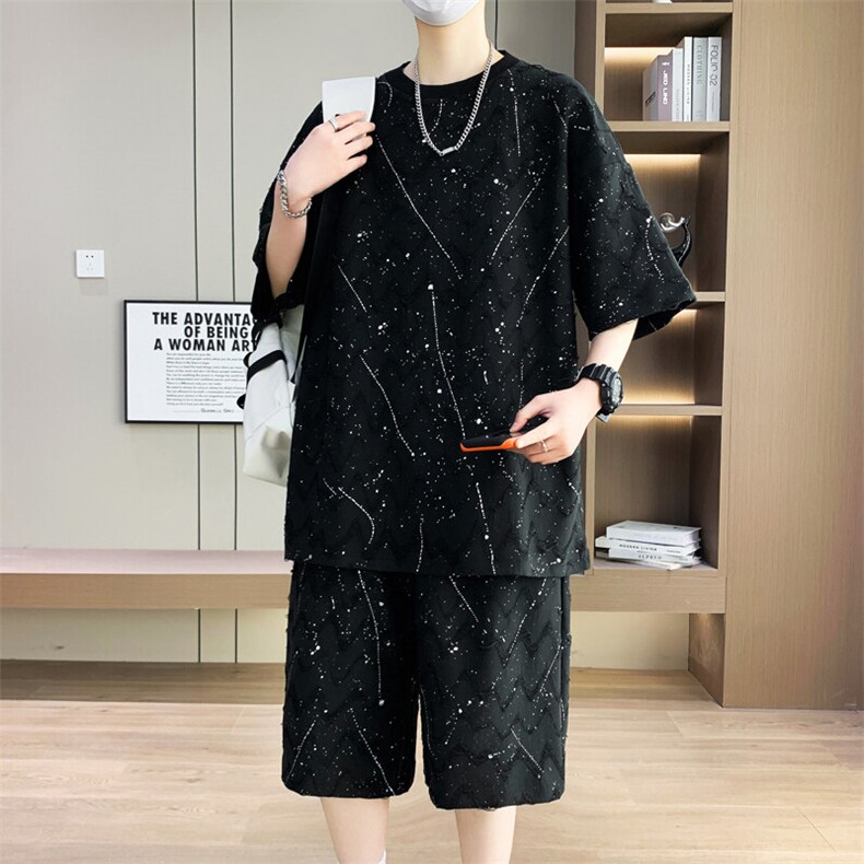 夏季港风套装男宽松满天星短袖T恤短裤休闲套装TZ6631-P55,男装休闲套装,星座310B-3