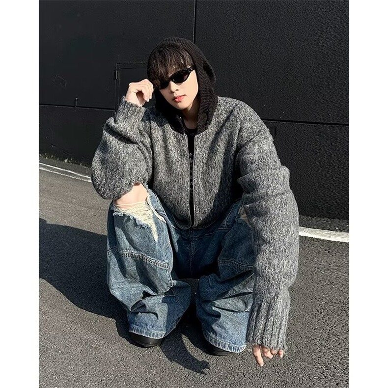 重磅宽松开衫毛衣海马毛外套设计感撞色连帽高街针织衫XY056-P65,男装针织衫/毛衣,星座1001-1