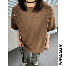24夏季新款设计感美式高街麂皮绒情侣短袖上衣男女中性D244P38，男装T恤，电商A335-1（原A458）