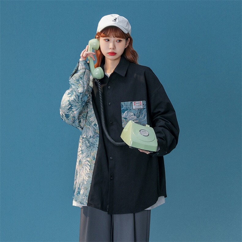 1中性风花型拼接长袖衬衫女大码情侣潮长袖衬衫男CS7714P60控88,男装衬衫,星座226-2
