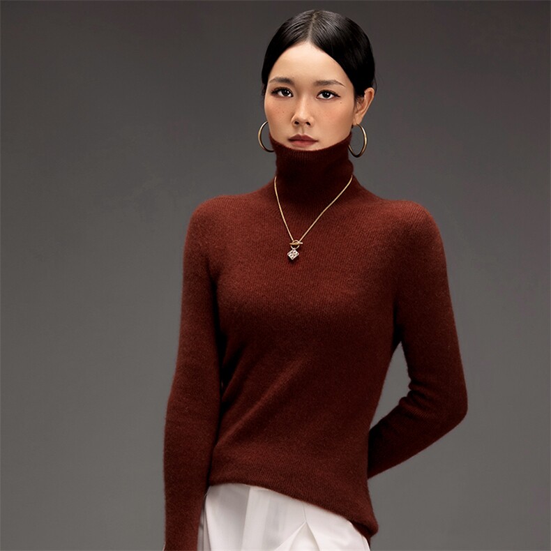 2025年秋季常规套头单件长袖时尚百搭通勤抽条高翻,女装羊绒衫,鑫萬耀羊绒
