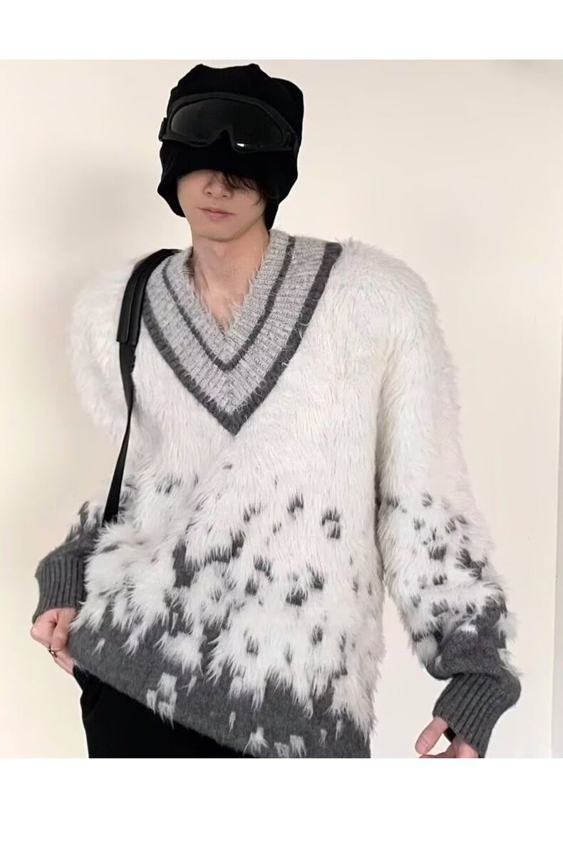 冬季仿貂毛毛绒V领毛衣男美式复古暗黑系vibe潮流宽松百搭针织衫,男装针织衫/毛衣,星座218-8