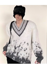 冬季仿貂毛毛绒V领毛衣男美式复古暗黑系vibe潮流宽松百搭针织衫图片