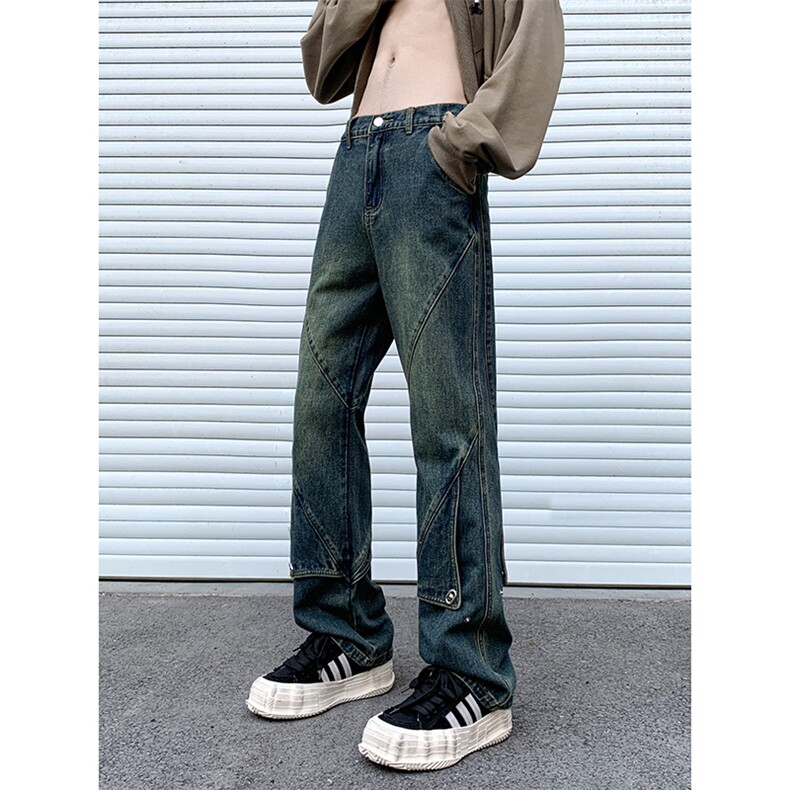 B221美式ins高街暗黑拼接直筒工装牛仔裤LK24147-P70控98,男装牛仔裤,电商B221