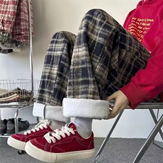 毛呢加绒格子裤男女秋冬加绒加厚阔腿裤百搭高腰休闲卫裤A923加绒，男装休闲裤，星座506