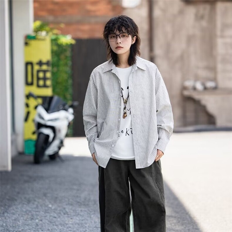 J53-P38 春秋季开衫千鸟格长袖衬衫男女生宽松休闲高级感bf衬衣图片