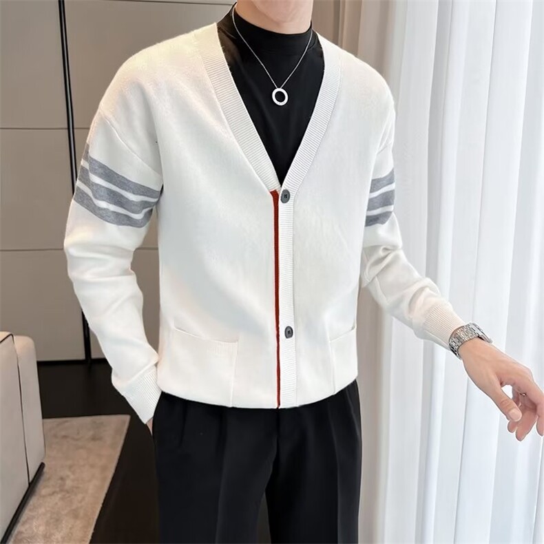 秋男V领单排扣毛衣开衫三条杠条纹拼接针织衫外套M564 P60图片