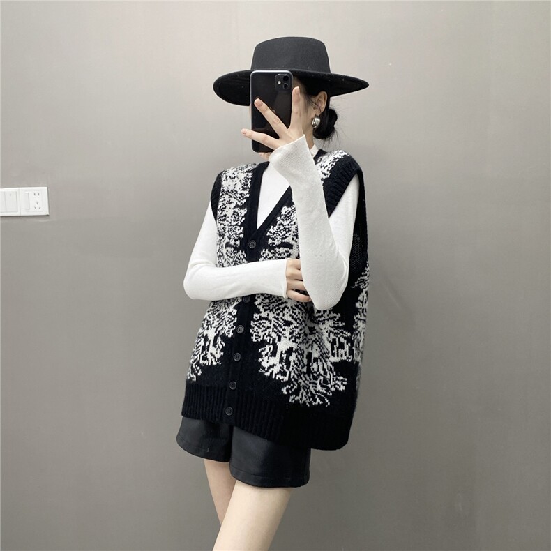 HE|抽象主义慵懒系baby山羊绒针织马甲女V领宽松毛衣开衫坎肩,针织衫/毛衣,国旺羊绒