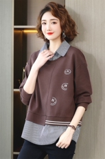 宽松休闲假两件卫衣女长袖2024春秋季新款韩版显瘦拼接衬衫领上衣，女装卫衣/绒衫，丽影随形
