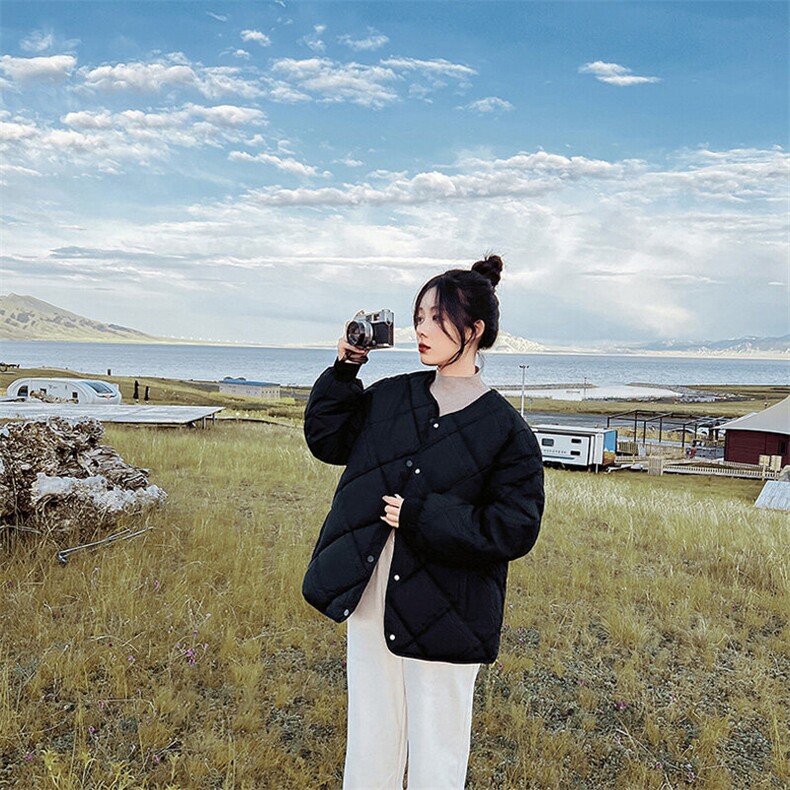 棉服女短款轻薄无领日系菱形格棉袄休闲潮外套CC030-P80图片