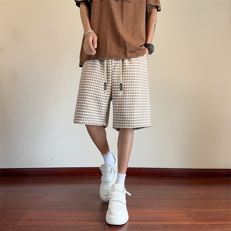 复古拼接格子短裤男夏季小香风直筒休闲中裤潮牌美式阔腿五分裤子,男装牛仔裤,星座102B-1