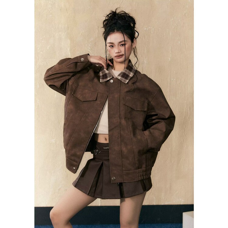 2026美式复古麂皮绒撞色皮翻领外套女春秋季韩系chic夹克宽松上衣,男装夹克,星座218-8