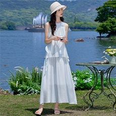 （新款现货）2026夏装时尚挂脖飘带领花上衣+半裙超仙套裙两件套，女装套装/套裙，印象茜