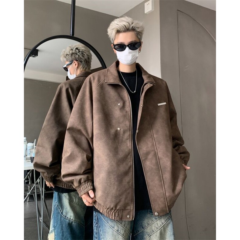 米白色飞机扣皮夹克男款春秋季美式高街设计感痞帅高级感pu皮外套，男装夹克，电商A028