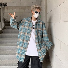 格子衬衫男长袖秋季宽松高级感格纹毛边衬衣外套1001-1-CS69-P45，男装衬衫，星座1001-1