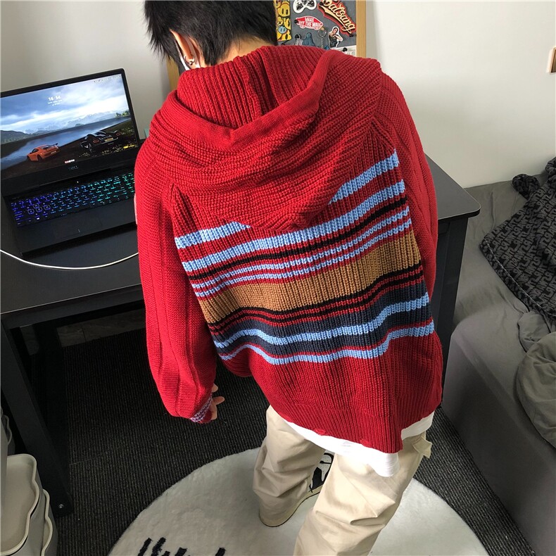 【有货】DU10-P58松弛感设计条纹撞色连帽针织衫秋冬男女百搭毛衣,男装针织衫/毛衣,星座603-2