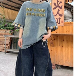 字母刺绣牛仔短袖T恤女夏季美式高街做旧格子拼接设计感新款图片