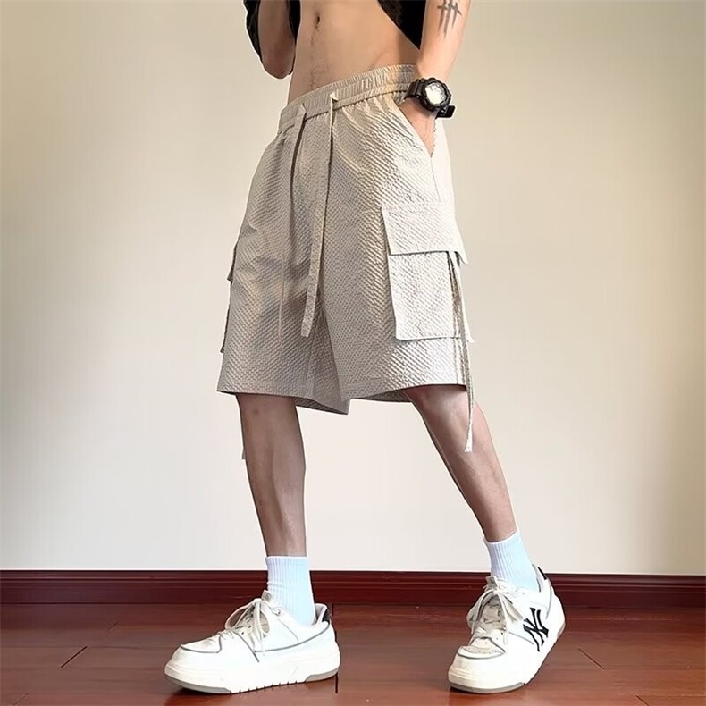夏季薄款泡泡格宽松速干裤男短裤矮个子小码裤子立体口袋工装短裤,男装牛仔裤,星座1013