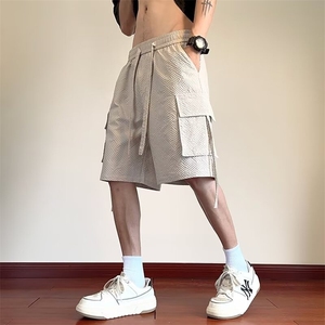 夏季薄款泡泡格宽松速干裤男短裤矮个子小码裤子立体口袋工装短裤图片