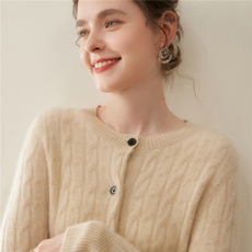 欧供尖货~100%纯山羊绒开衫女圆领秋冬加厚菱形提花针织毛衣外套，女装羊绒衫，暖凌绒