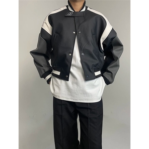 美式复古PU皮拼接短款机车夹克男cleanfit解构设计感棒球服外套潮图片