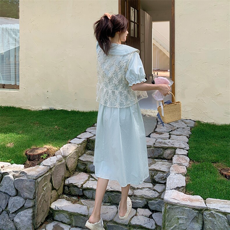甜美风穿搭娃娃领泡泡袖连衣裙配蕾丝马甲女夏超火好看长裙子套装,女装套装/套裙,2D078